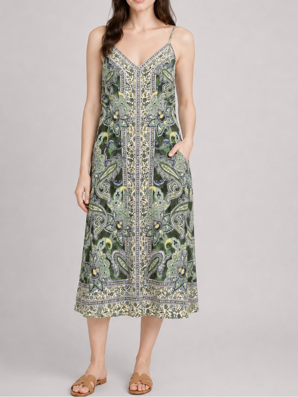 Magaschoni Paisley Linen Blend Slip Midi Dress Green Blue S Boho